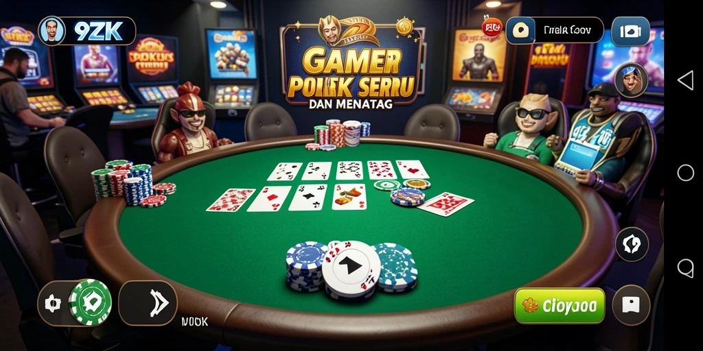 Tampilan screenshot utama 9ZK menampilkan pemain poker yang bersemangat.