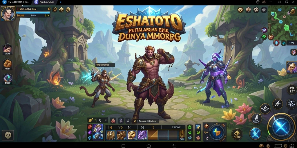 Screenshot gameplay ESHATOTO yang menunjukkan pertarungan epik dan dunia fantasi.