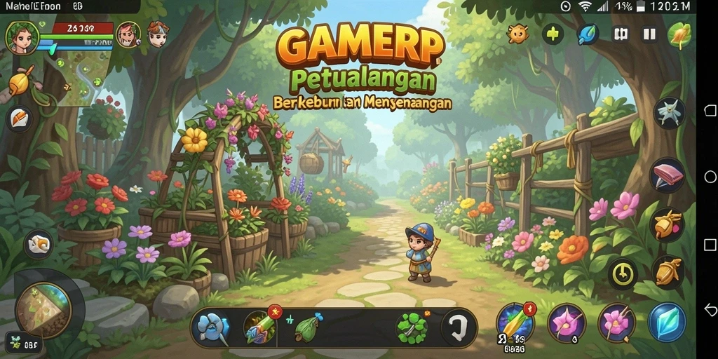 Screenshot utama GAMERP menunjukkan pemain sedang merawat kebun dengan penuh perhatian.