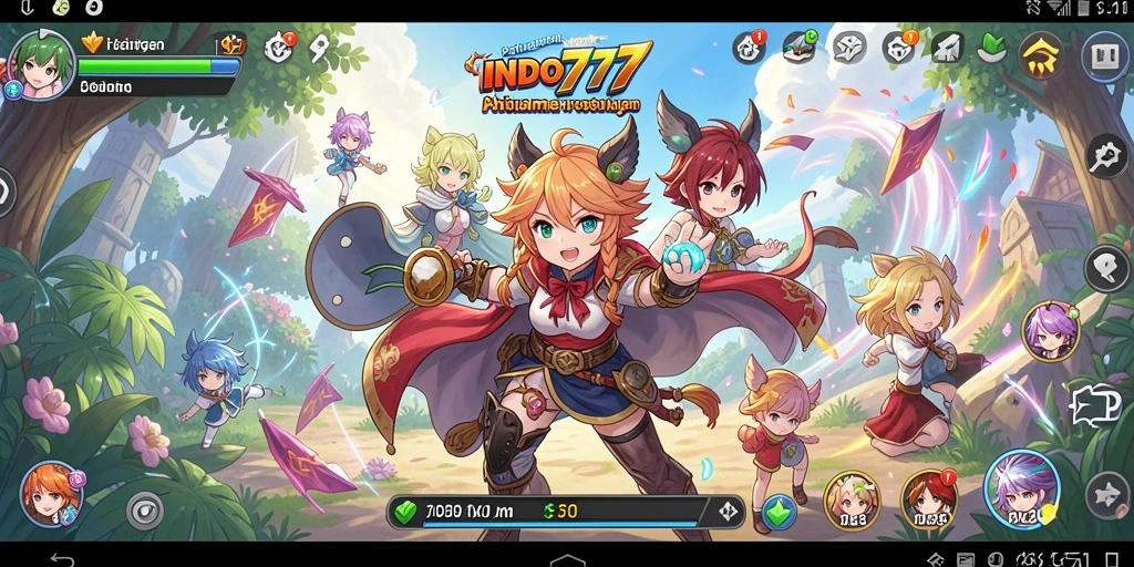 Screenshot utama INDO777 menampilkan karakter anime dalam pertempuran seru.