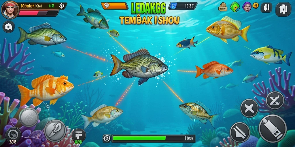 Screenshot LEDAKGG menampilkan aksi seru menembak ikan.
