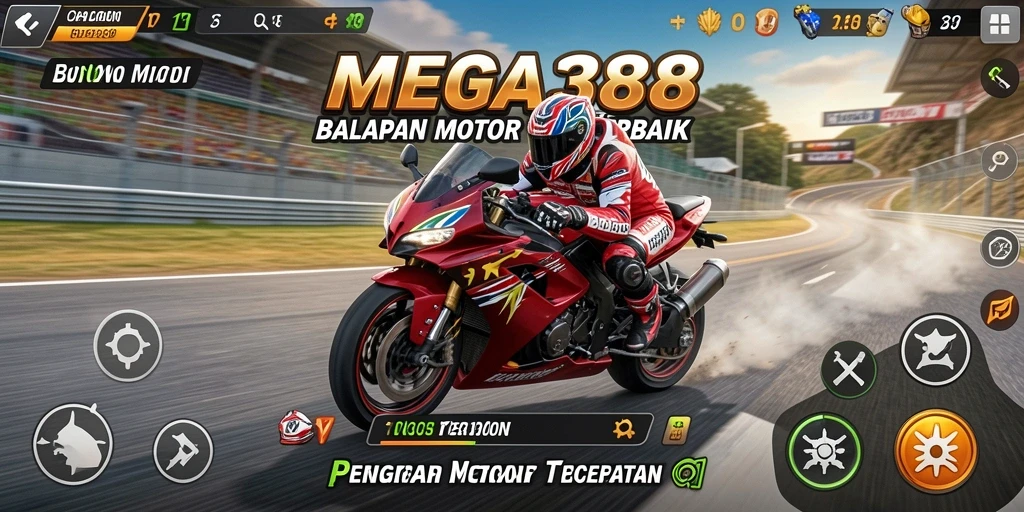 Gameplay seru dalam balapan motor MEGA388 yang menantang.