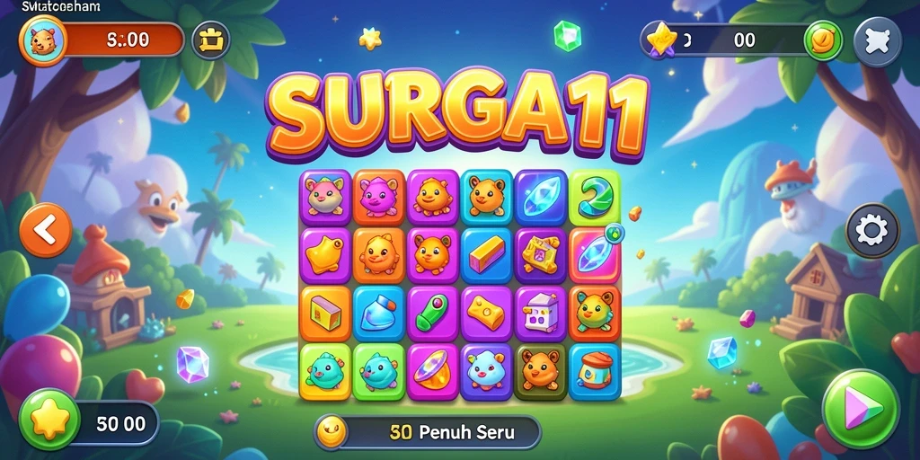 Tangkapan layar gameplay <strong>SURGA11</strong> menampilkan suasana ceria permainan Match-3 yang menantang.